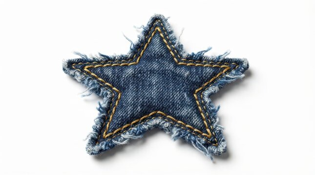 Denim fabric star patch with frayed edges and golden stitching isolated on white background
