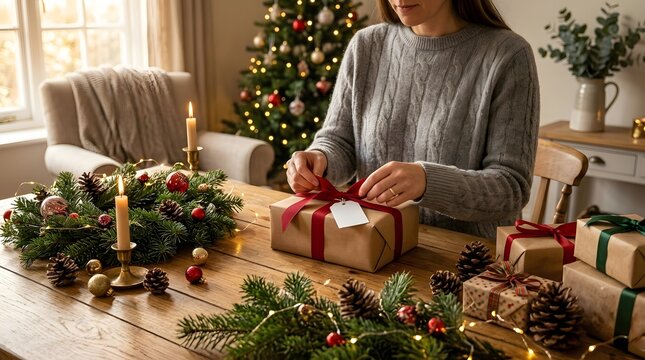 Woman Wrapping Christmas Presents on Rustic Wooden Table with Abundant Christmas Decorations Pine Branches Red Ornaments Warm Cosy Evening at Home