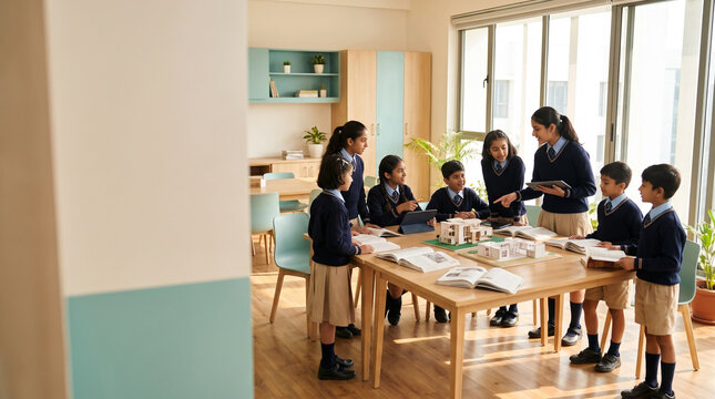 Modern Classroom With Teacher and School Students Learning