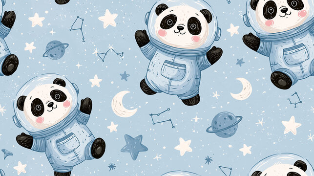 Cute cartoon pandas in astronaut costumes flying in space seamless pattern