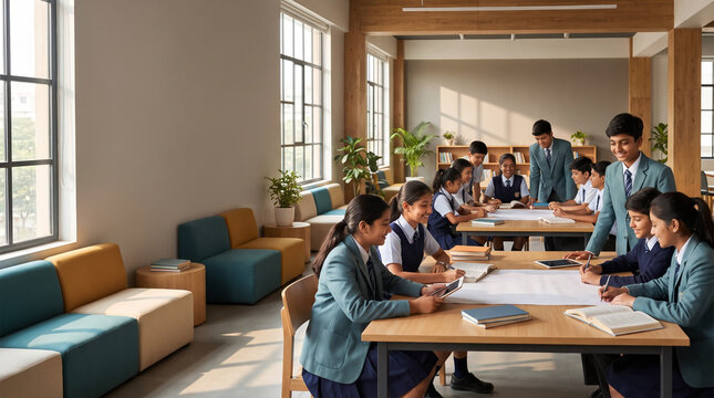 Indian Students Collaborating in a Contemporary School