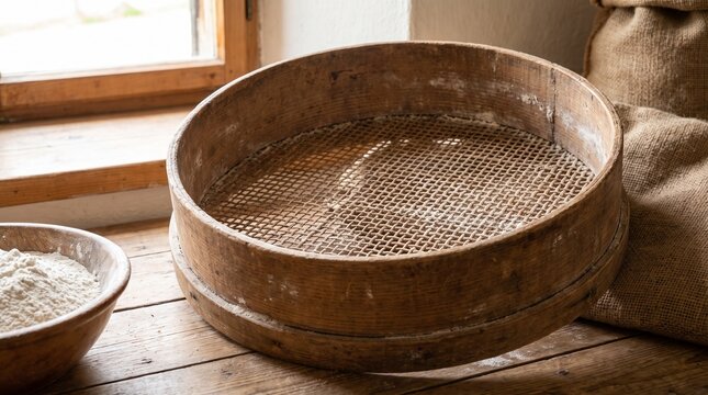 Traditional wooden sieve on a wooden table near a window