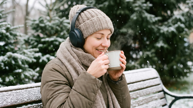 Smiling woman in winter clothing holds a warm mug while listening to music in a snowy park