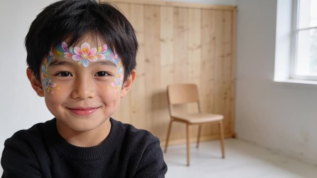 Smiling child with floral paint in black sweater leaning to camera in bright room