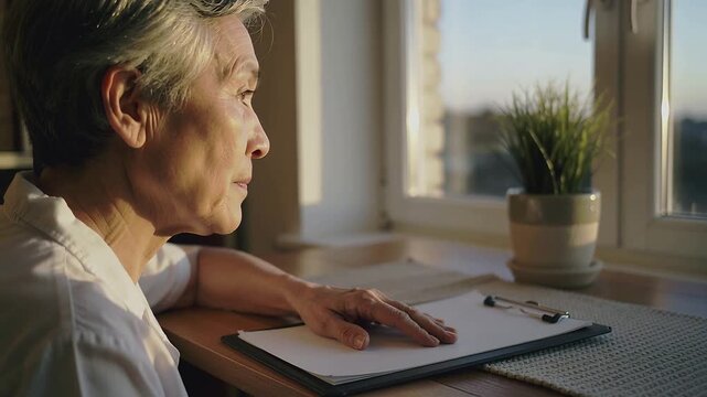 Resting senior woman in blouse keeping right hand on clipboard by window, sunlight urging glances