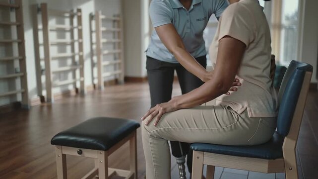 Guiding PT in blue polo placing hands safely, patient lowering onto seat with prosthesis in clinic