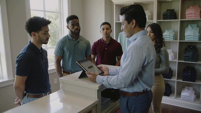 Turning tablet, male clerk in blue shirt showing products at boutique counter for purchase