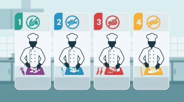 restaurant allergen separation workstation Four cutting boards with chefs showing proper food handling and cross-contamination rules.