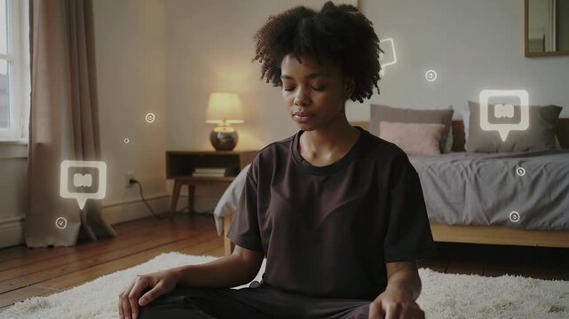Meditating woman in black tee and pants on white rug in bedroom, notifications appearing for calm