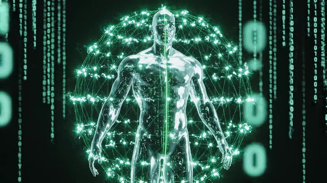 Futuristic Holographic Human Anatomy Scan With Digital Binary Code Background.