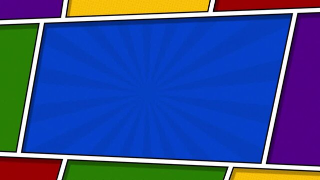 Colorful comic book page layout with sunburst background and vibrant block panels.