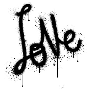 Sprayed love font graffiti with over spray in black over white for printing, backgrounds, posters, stickers.