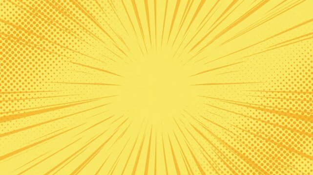 Yellow comic book style background with radial speed lines and halftone dot pattern.