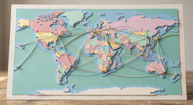 Pinned world map; supply chain and logistics routes; geolocation, forecasting inventory, expansion roadmap.