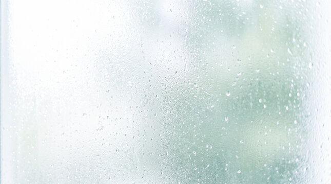 Close up macro view tiny water droplets condensation covering textured frosted glass surface bright white blurred background wet cold moisture abstract