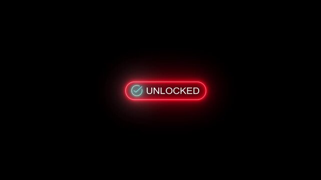 Glowing red neon unlocked button with check mark icon on black background Motion graphics of concept.
