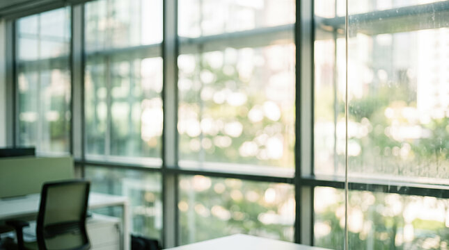 Defocused modern corporate workplace interior featuring empty desk green chair transparent glass walls overlooking sunny urban street blur business background