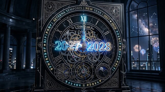 Magical steampunk clock striking midnight for New Year 2027 and 2028 with city skyline and fireworks