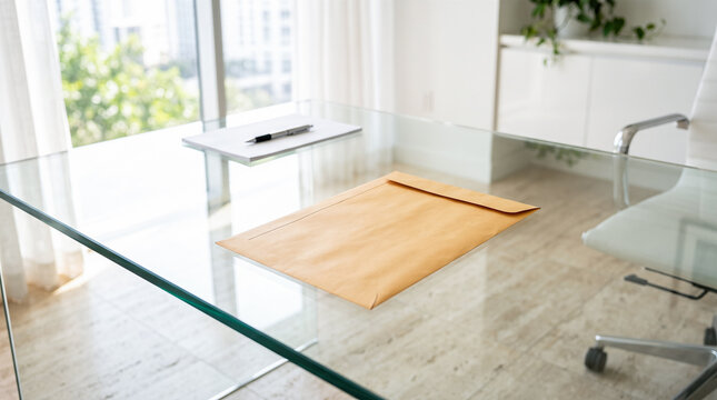 Manila paper envelope document packet lying closed on glass conference table in modern executive office near window notebook pen paperwork desk