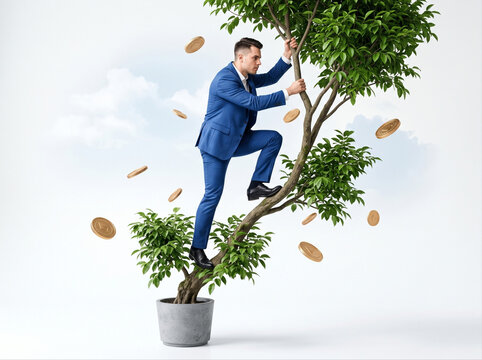 growth business concept. young businessman climbing the money tree