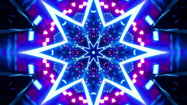 Abstract neon star tunnel with glowing blue and purple light patterns creating motion.