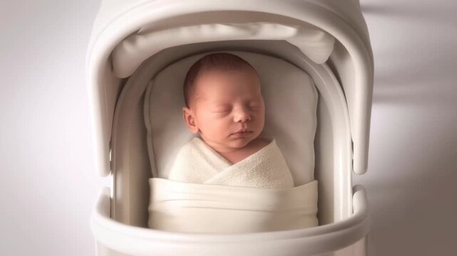Newborn baby sleeping peacefully in white bassinet wrapped in soft blanket
