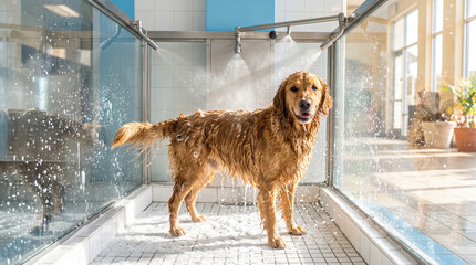 Fototapeta premium Wet Golden Retriever dog standing inside automatic commercial pet wash shower station while water nozzles spray mist across soapy tiled floor