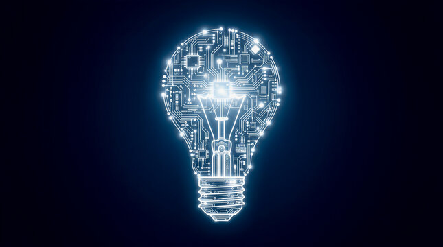 Glowing lightbulb outline formed with electronic circuit board motherboard tracks microchip processor nodes on dark blue background graphic symbol icon
