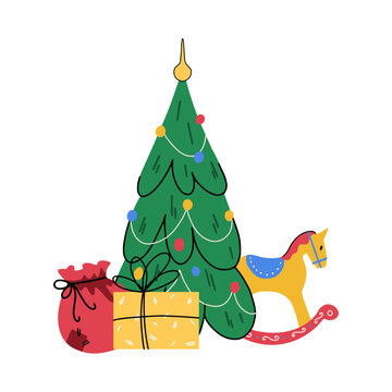 Christmas tree with gifts and rocking horse vector isolated on white background