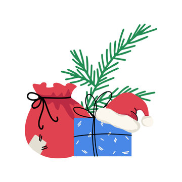 Santa hat with gift box and bag vector isolated on white background