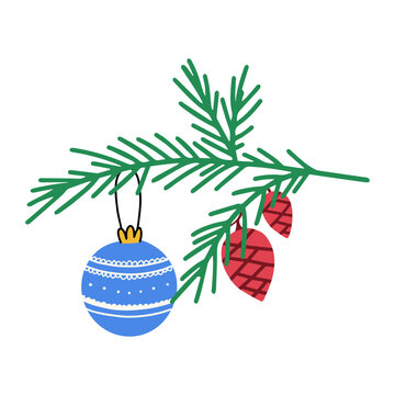 Fir branch with Christmas bauble and pinecones vector isolated on white background