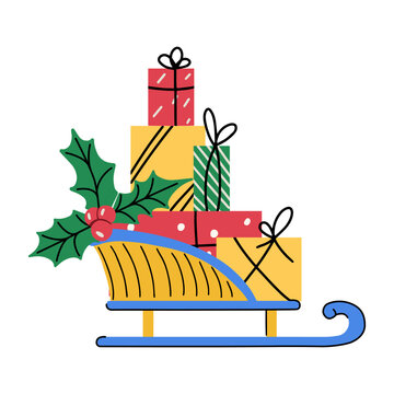 Christmas sleigh with stacked gifts and holly berries vector isolated on white background