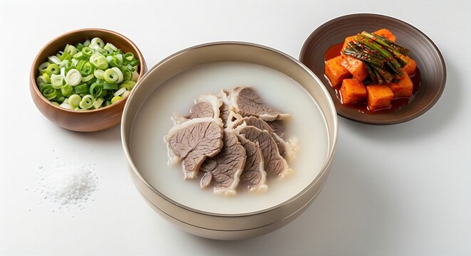  seolleongtang (ox bone soup) served in a traditional metal bowl. Thin slices of tender beef brisket peek through the opaque, rich white broth. A separate small wooden bowl overflowing with freshly ch