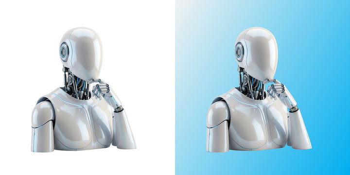 White humanoid robot thinking with hand on chin pose