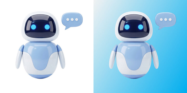 Cute robot assistant with speech bubble for online chat