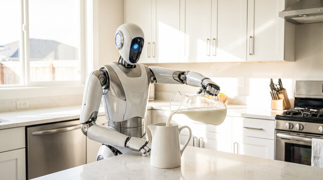 humanoid robot pouring fresh white milk from glass pitcher into ceramic jug on kitchen island countertop inside bright modern home residence