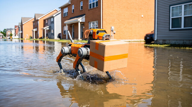 orange quadruped robot dog carrying cardboard delivery box wading through flood water in residential suburban street after heavy storm rain
