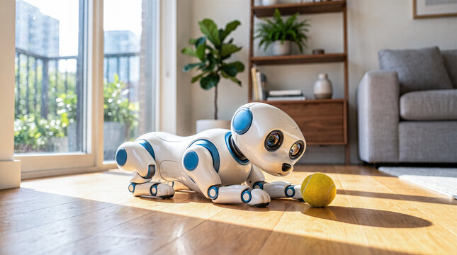 white and blue robotic pet dog lying on wooden floor playing with yellow tennis ball inside sunlit modern living room apartment