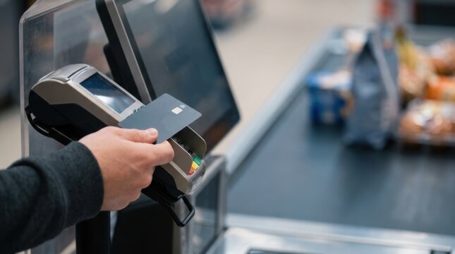 Customer Paying With Bank Card at Grocery Store Checkout Terminal