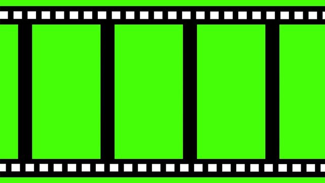 classic analog filmstrip animation with multiple black green , green  sprocket holes and retro motion picture design,retro cinematic film strip with white borders and black frames, vintage movie reel