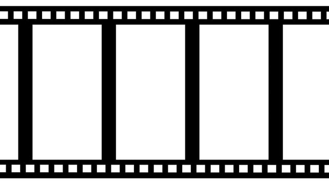 classic analog filmstrip animation with multiple white frames, white sprocket holes and retro motion picture design,retro cinematic film strip with white borders and black frames, vintage movie reel