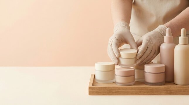 Worker Arranging Minimal Cosmetic Jars and Bottles on Wooden Tray