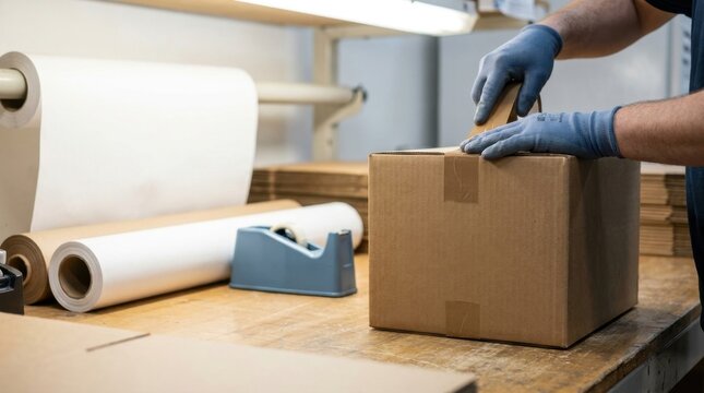 Warehouse Worker Sealing Cardboard Box With Packing Tape