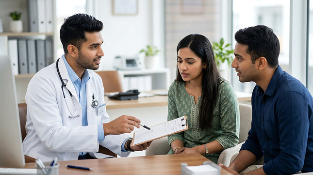 medical consultation with a doctor discussing health information with young couple in a modern clinic setting