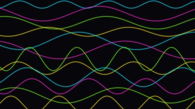 Neon sinusoidal waves moving fluidly on black background, colorful sine waves animation for tech audio waveform