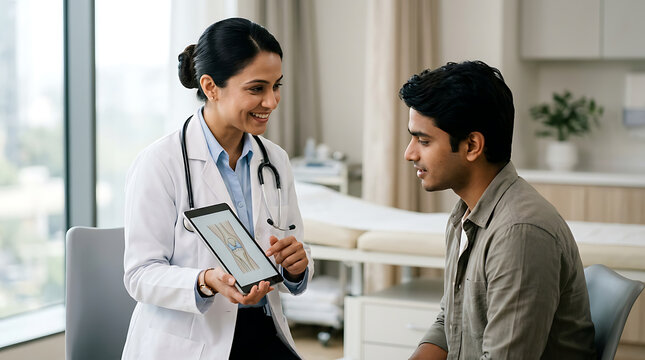friendly medical consultation between a doctor and a patient in a modern clinic setting