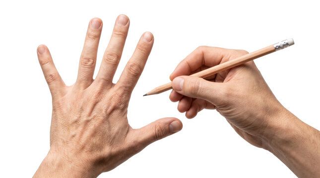 Male hand using a wooden pencil to draw or trace on another open palm, PNG,isolated on transparent background.