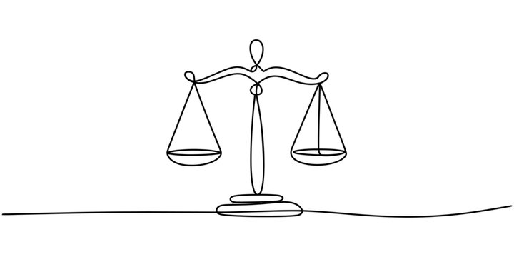 Continuous single line drawing of a scales of justice icon representing law and legal system isolated on a white background Vector, illustration