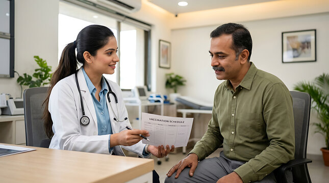 professional medical consultation between doctor and patient discussing vaccination schedule in a modern clinic setting
