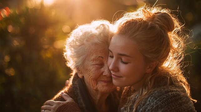 Golden sunlight illuminates an elderly woman embracing a young girl, depicting familial love, generational connection, and heartfelt tenderness representing intergenerational bonds